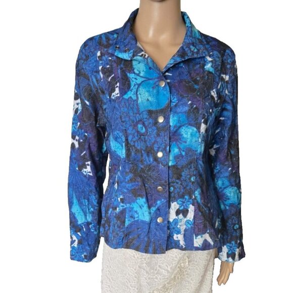 Chico's Women's Jacket Blue Multi Floral Snap Front Mock Neck size 1 - Picture 1 of 5